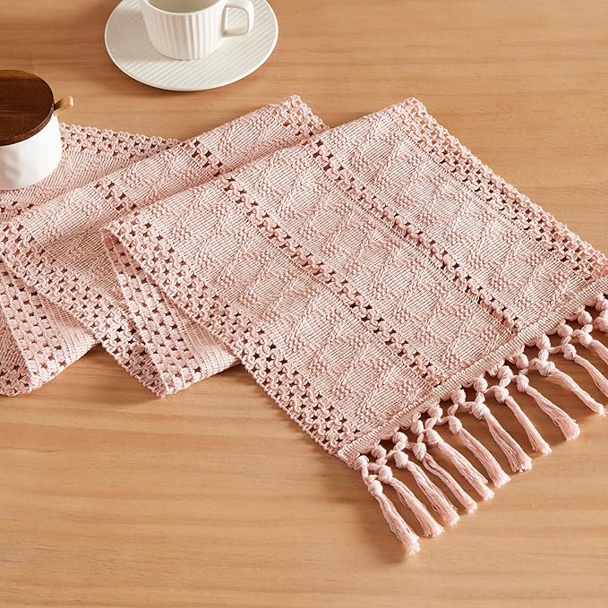 ZeeMart Macrame Style Boho Table Runner, Pink Table Runners 60 Inches Long, Farmhouse Woven Home Decor, 12x60 Inch, Light Pink