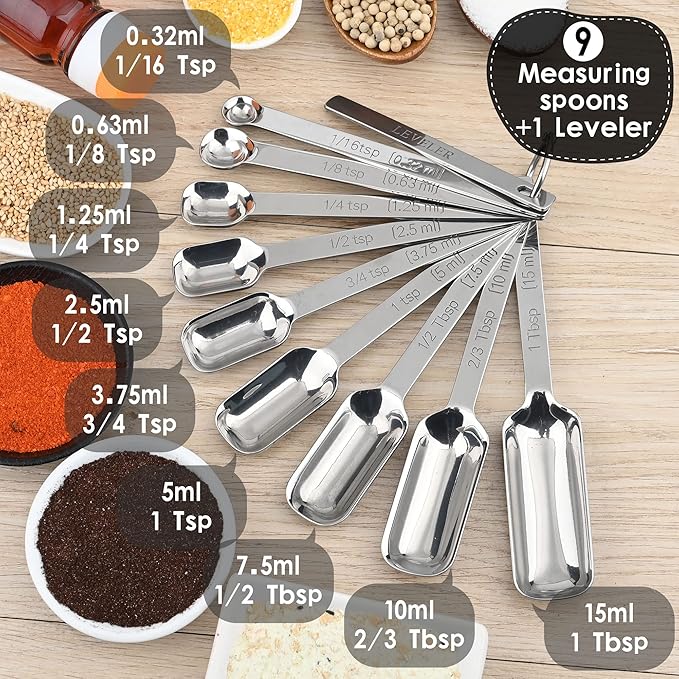 Measuring Spoons Set 10, 18/8 Stainless Steel Measuring Spoons for Kitchen & Baking, Long Handle Metric & US Metal Measure Spoon with 1/16tsp, 3/3tsp, 2/3tbsp for Spice Jar