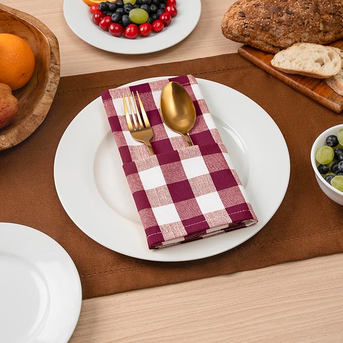 Blue Needles Gingham Buffalo Plaid Cloth Napkins 100% Cotton Set of 12 Dinner Table Napkins 18x18 inch Soft, Reusable, Washable, Ideal for Wedding Parties Everyday Use - Burgundy & Halfwhite
