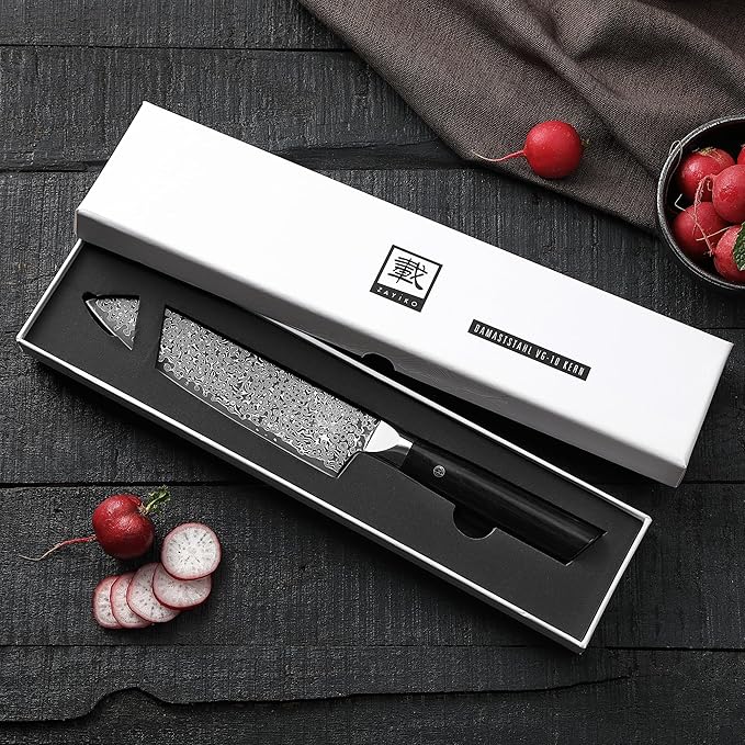 zayiko Black Edition Damascus Santoku Knife – 7.1-Inch Blade | 67-Layer VG10 Core Steel | Ergonomic Pakkawood Handle | Premium Kitchen Knife for Meat, Fish & Vegetables | Gift Box