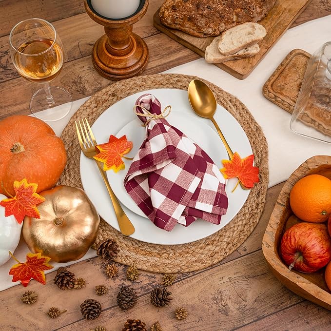 Blue Needles Gingham Buffalo Plaid Cloth Napkins 100% Cotton Set of 12 Dinner Table Napkins 18x18 inch Soft, Reusable, Washable, Ideal for Wedding Parties Everyday Use - Burgundy & Halfwhite
