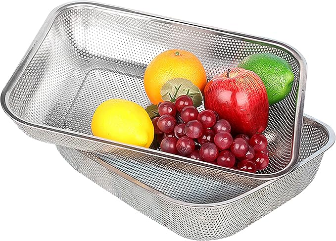 Cedilis 2 Pack Large Stainless Steel Colander Strainer, 6 Quart Mesh Vegetable Washing Basket, Rectangle Drainer Sink Basket for Vegetable Fruit Food (15" x 11" x 2.6")