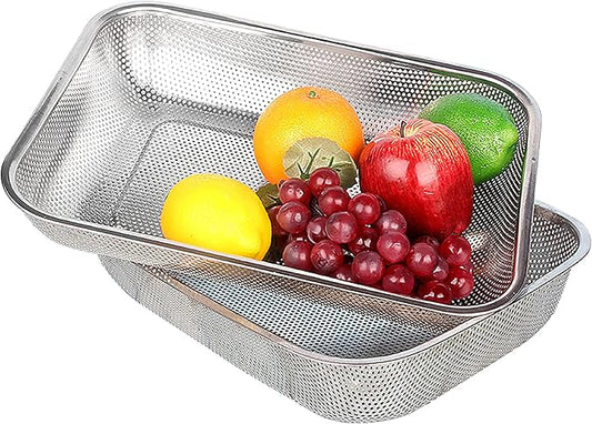Cedilis 2 Pack Large Stainless Steel Colander Strainer, 6 Quart Mesh Vegetable Washing Basket, Rectangle Drainer Sink Basket for Vegetable Fruit Food (15" x 11" x 2.6")