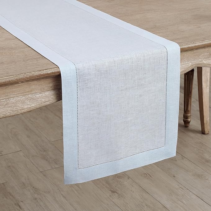 Solino Home Linen Light Blue Table Runner 120 Inches Long - 100% Pure Linen 14 x 120 Inch Table Runner for Winter, Spring, Easter - Classic Hemstitch