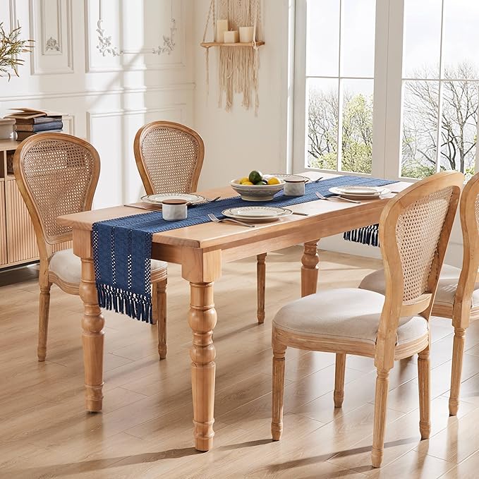 ZeeMart Macrame Style Boho Table Runner, Navy Table Runners 48 Inches Long, Farmhouse Woven Home Decor, 12x48 Inch, Navy Blue