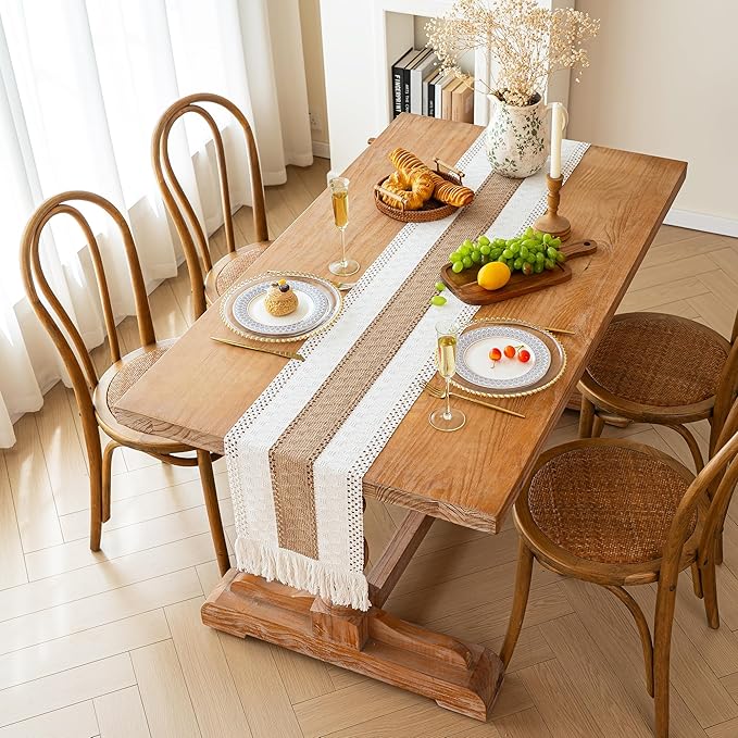 FEXIA Boho Table Runner for Fall Home Decor with Tassels 72 Inches Long Farmhouse Rustic Table Runner Macrame Burlap Table Decoration for Living Room Bridal Shower(12x72 Inches)
