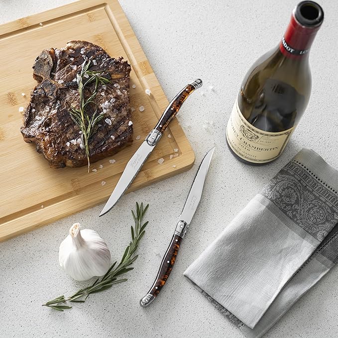 French Home Laguiole Connoisseur 4-Piece Steak Knife Set –Stainless Steel with Tortoise Shell Handles, Etched Detailing & Napoleon Bee Emblem – Serrated Knives for Smooth Cutting (9.25")