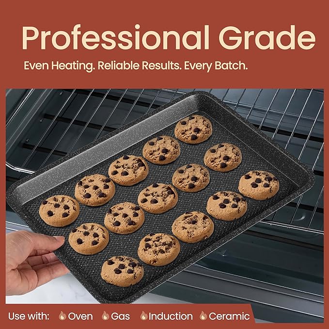 BAKKEN Kitchen Baking Pans - Nonstick Gray Coating, 13.58’’ × 9.65’’ Commercial Grade Carbon Steel Cookie Sheet, Diamond Texture Bottom, PFOA, PFOS, PTFE Free, Oven Safe Tray (450°F), Gray Marble