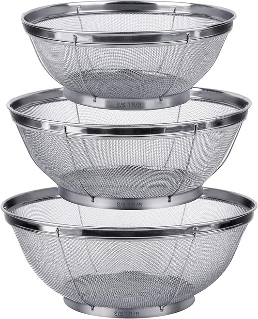 3 Pack Strainers for Kitchen, 18/8 Stainless Steel Colander, Fine Mesh Strainer for Pasta, Rice and Fruit, Sieve for Strain, Drain, Rinse or Steam (5-Quart, 4-Quart and 3-Quart)