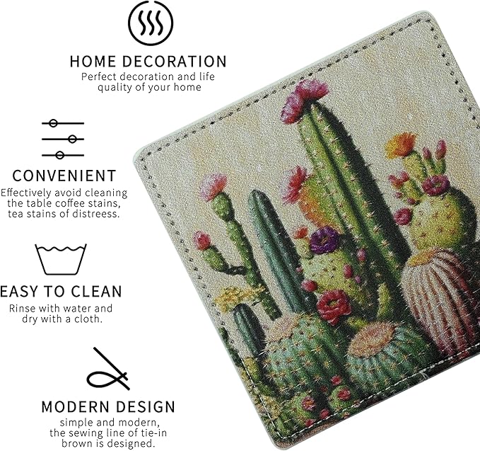 Marble Coasters Square Leather Drinks Coaster Set with Holder for Coffee Table Bar Home Decor 4 Inches Set of 6 (Cactus, One Size)