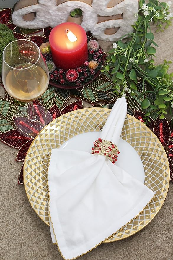COTTON CRAFT Christmas Napkin Rings - Set of 8 Merry Xmas Fall Thanksgiving Beaded Metal Twine Napkin Ring - Hallelujah Holiday Celebration Party Gift Dining Table Handmade Napkin Holder - Red Gold