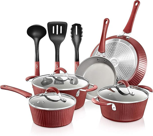 NutriChef 11-Piece Nonstick Kitchen Cookware Set - PTFE/PFOA/PFOS-Free Heat Resistant Ceramic Kitchen Ware Pots Pan Set w/Lines Pattern - Saucepot, Pans, Cooking Pot Oven Pot, Lid, Utensil