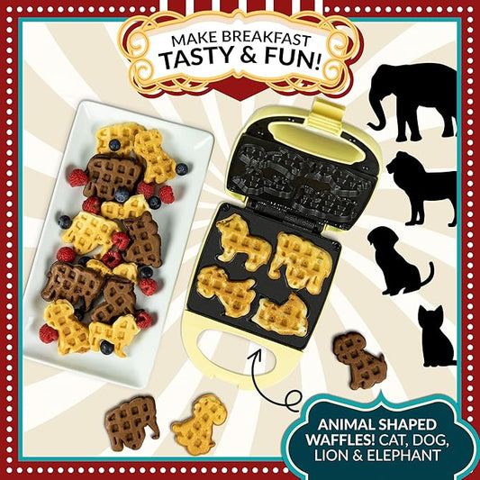 Nostalgia MyMini Personal Electric Animal Circus Waffle Maker, Waffle Iron makes Cat, Dog, Elephant, Lion, Yellow