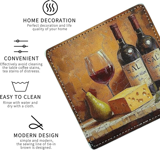Marble Coasters Square Leather Drinks Coaster Set with Holder for Coffee Table Bar Home Decor 4 Inches Set of 6 (Vintage Wine, One Size)