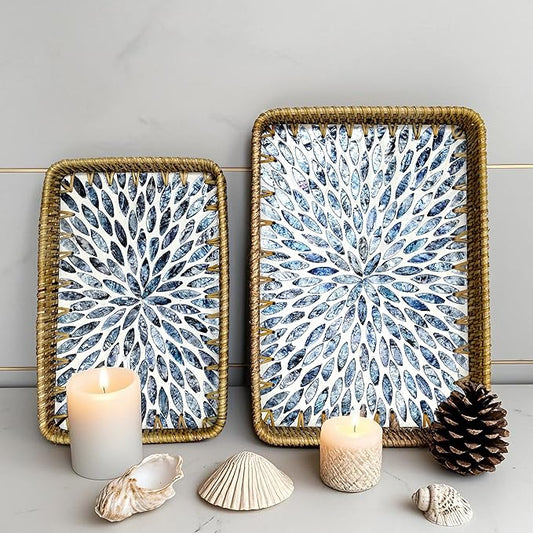 Boho Decorative Serving Trays Set of 2, Wicker Rectangle Trays with Mother of Pearl Inlay for Counter Top, Coffee Table Decor, Farmhouse Vanity Tray and Home Organization
