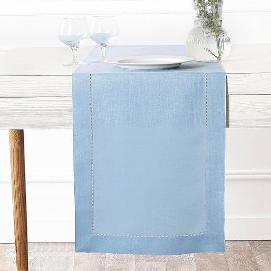 D'Moksha Homes Linen Powder Blue Table Runner 60 Inches - Classic Hemstitch, 100% Pure Linen Coffee Table Runner 14 x 60 Inch Ideal for Dresser Tables - Spring, Easter