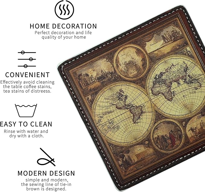 Marble Coasters Square Leather Drinks Coaster Set with Holder for Coffee Table Bar Home Decor 4 Inches Set of 6 (Old World Maps, One Size)