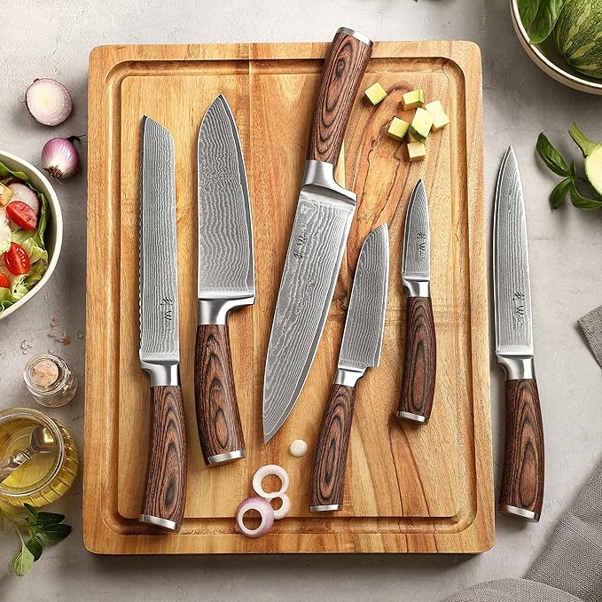 Wakoli EDIB 6-Piece Damascus Knife Block Set – Professional Kitchen Knives with Magnetic Acacia Block – Kitchen Knife Set made of 67-Layer Damascus Steel Blades & Ergonomic Pakkawood Handles