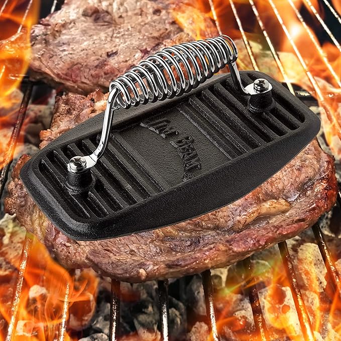 Jim Beam Stainless Steel Cast Iron Meat Press, Pre Seasoned for Delicious Meat, Steak, Beef and Patty, Heavy Duty Construction