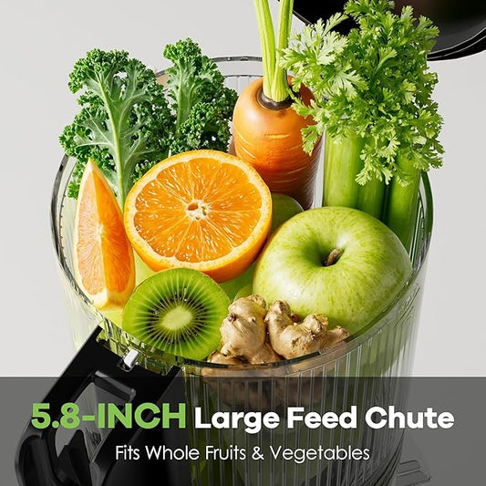 EanOruus Cold Press Juicer, 5.8" Wide Feed Chute Juice Extractor Machine with 400W, High Juice Yield, Slow Masticating Juicer for Whole Vegetables & Fruits, Metallic Silver