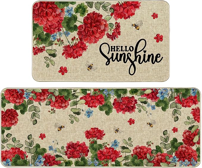 Geranium Spring Kitchen Mats for Floor Set of 2, Geranium Flower Summer Floor Mats, Non Slip Rubber Backing Kitchen Floor Mat and Rug Set for Kitchen Sink, Office, Laundry