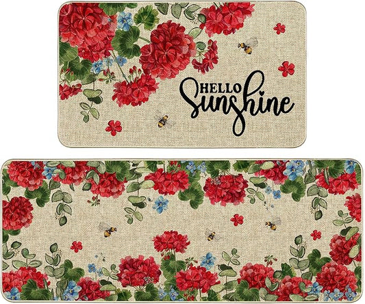 Geranium Spring Kitchen Mats for Floor Set of 2, Geranium Flower Summer Floor Mats, Non Slip Rubber Backing Kitchen Floor Mat and Rug Set for Kitchen Sink, Office, Laundry