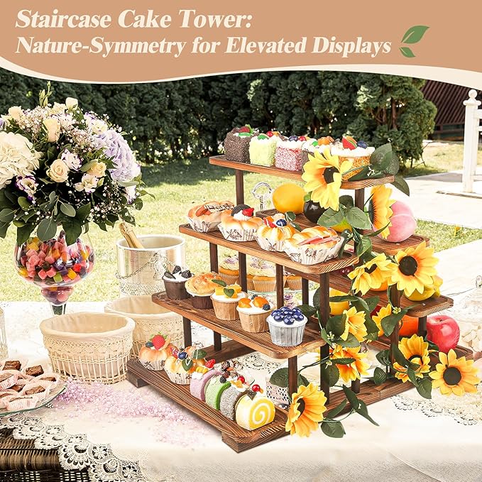 Wooden 7 Tier Cupcake Stand & Towers Serving Trays for Party with Vine Decoration — Party Display Serving Ladder with Platter for Cake, Snacks — Perfect for Catering, Events & Centerpieces