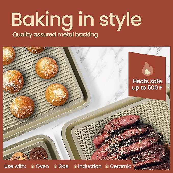 Diamond Bottom Cookie Sheet Set of 3, Nonstick Gold Carbon Steel Baking Pans for Crisp Baking, Space-Saving Stackable Trays, PFOA, PFOS, PTFE Free, Oven Safe Up to 450°F, Small, Medium & Large Sheets
