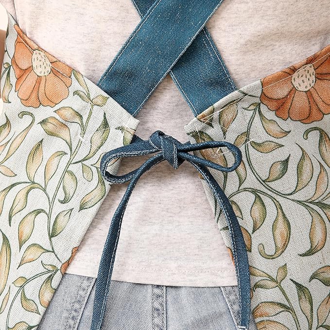 patdrea Blue Floral Linen Apron with Pocket,French Kitchen Garden Chef BBQ Aprons for Women and Men,Crisscross Back Straps