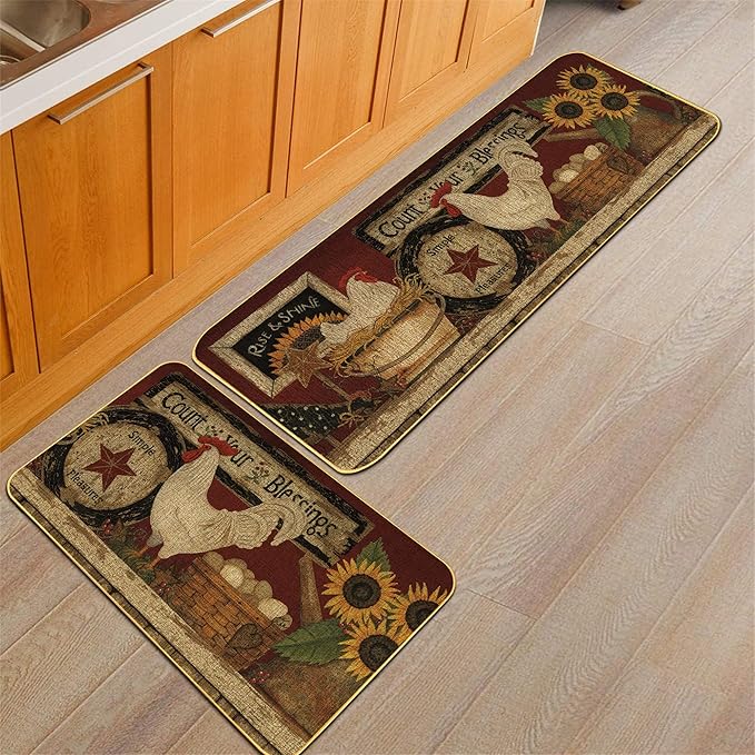 Farmhouse Decorative Kitchen Rugs and Mats Set of 2, Farm Rooster Non-Slip Kitchen Mats,Seasonal Holiday Party Sets Washable Low-Profile Floor Mats - 17x29 and 17x47 Inch