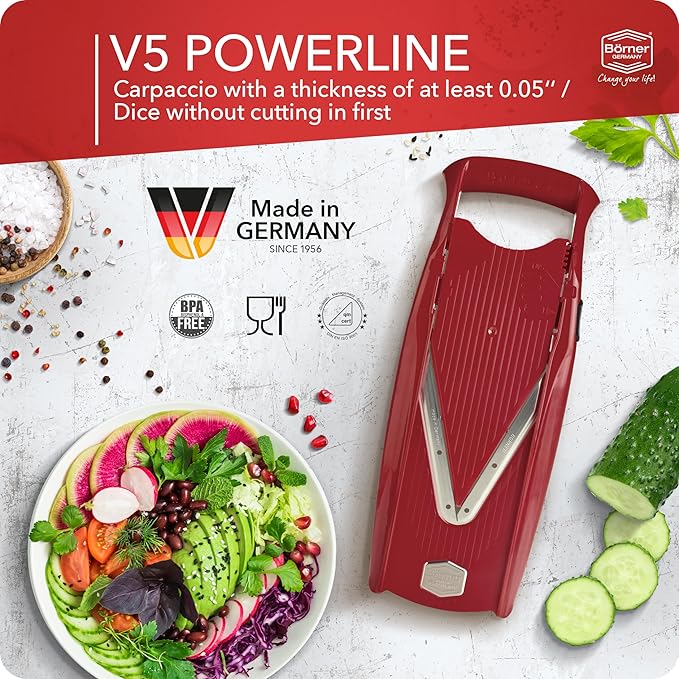 Börner Mandoline Slicer V5 (Starter Set) • Vegetable V-Slicer for Slices, Sticks & Dices in Various Sizes • With Stainless Steel V-Blade • Adjustable Kitchen Slicer • Color: Red