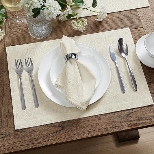 Elrene Home Fashions Caiden Elegance Damask Fabric Napkins (Set of 4), 17" x 17", Ivory