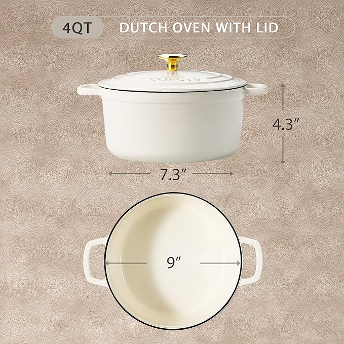 CAROTE Enameled Cast Iron Dutch Oven Pot with Lid, 4 QT Dutch Ovens, Heavy-Duty Cast Iron Pot for Sourdough Bread Baking, Braising, Stews, Roasting, Healthy & Non-Toxic, Dual Handles, All Stovetop Compatible, Oven Safe up to 500° F, Cream White