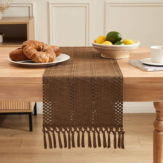 ZeeMart Macrame Style Boho Table Runner, Brown Table Runners 60 Inches Long, Farmhouse Woven Home Decor, 12x60 Inch, Caramel