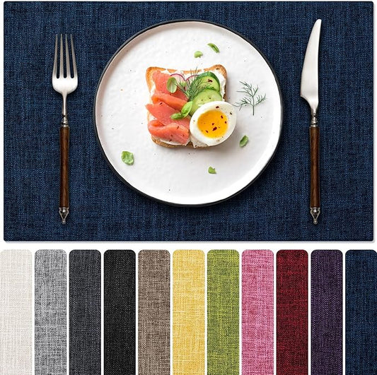 Blue Forest Placemats Set of 8, Dual-Layered Thickened Faux Linen Cloth Place Mats Heat Resistant Machine Washable Wrinkle Free Table Mats Indoor/Outdoor (Navy Blue)