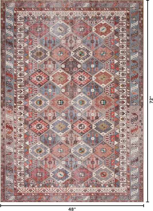 Kuden 4x6 Area Rug, Machine Washable Area Rug with Non-Slip Backing, Vintage Style, Soft, Easy Clean, Low Pile Rug for Living Room, Bedroom, Dining Room