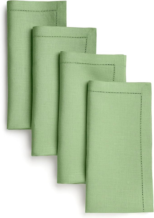 D'Moksha Homes Sage Green Linen Napkins Set of 4 - Classic Hemstitch 100% Pure Linen Hemstitch Dinner Napkins 20 x 20 Inch for Spring, St Patricks Day, Easter - Handcrafted and Machine Washable