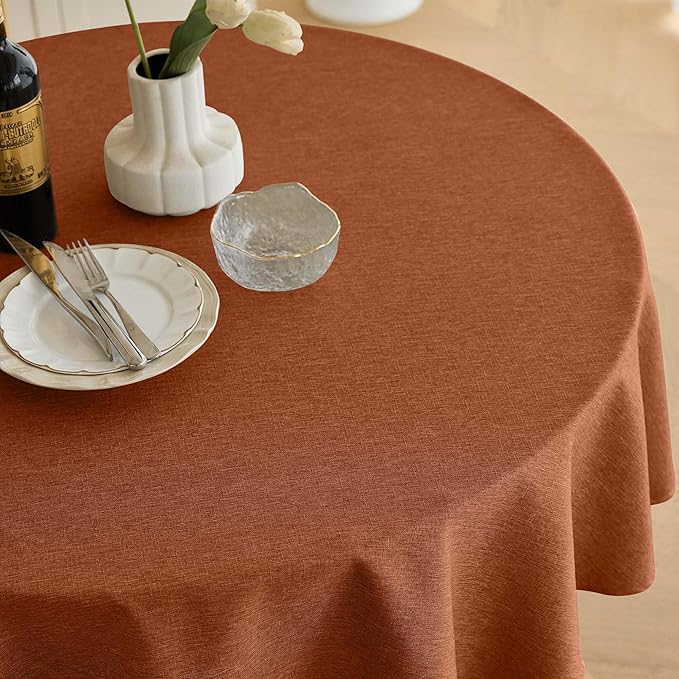 Fall Farmhouse Round Table Cloth for Indoor/Outdoor, Harvest Thanksgiving Faux Linen Washable Tablecloth Cover for Party Dining & Kitchen Table Decor (60 Inch,Round (2-4 Seats),Burnt Orange)