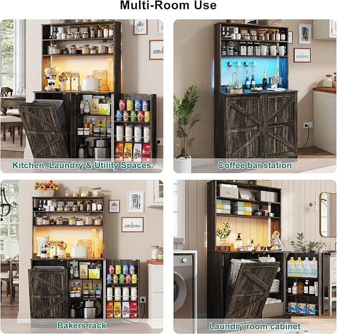 63" H Pantry Cabinets with 10 Gallon Trash Can,Led Light,Outlet,35" W Kitchen Hutch with Tilt Out Trash Can Cabinet,Farmhouse Cupboard with Large Countertop for Living Room, Dining Room