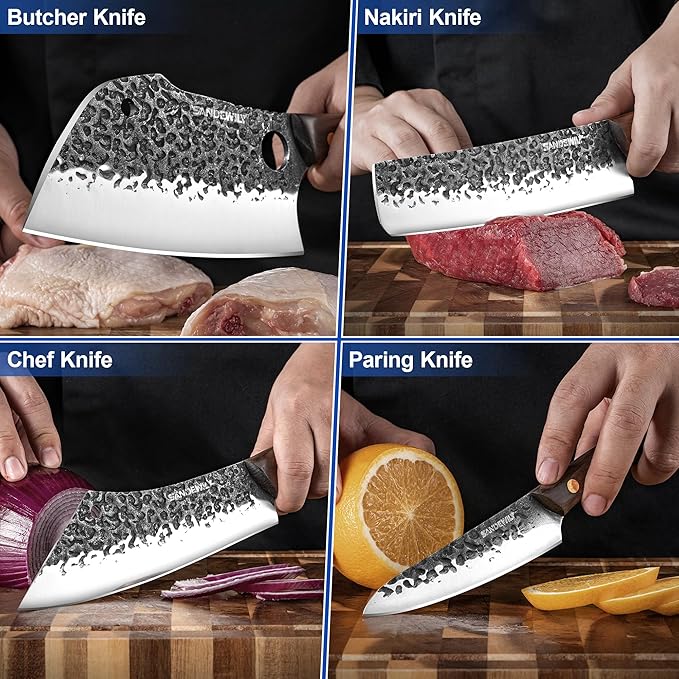 4-Piece Butcher Knife Set with 7” Cleaver, 8” Chef Knife, 8” Nakiri & 5” Utility Knife – Hand Forged Full Tang Kitchen Knives with Sharpening Stone for BBQ, Meat, Veggies & Outdoor Cooking