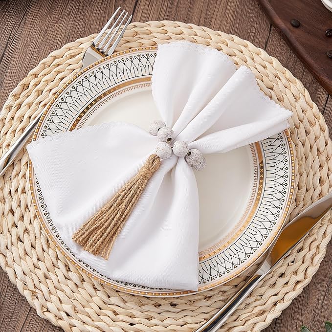 APTWOW Napkin Rings Set of 6, White Washed Wood Bead Napkins Rings, Wooden Napkins Rings for Table Decor, Farmhouse Napkin Rings for Boho Table Decor, Family Banquet, Wedding, Holiday Dinner Party