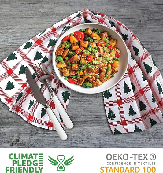 Urban Villa Christmas Kitchen Towels Christmas Tree Print Premium Quality 100% Cotton Dish Towels Mitered Corners Ultra Soft (Size: 20X30 Inches) Highly Absorbent Bar Towels & Tea Towels - (Set of 6)