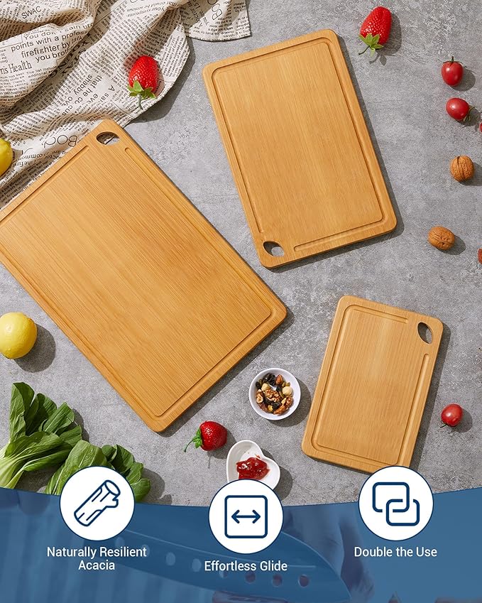 Garvee Bamboo Cutting Board Set of 3, Multi-Sizes Kitchen Cutting Boards with Deep Juice Grooves & Built-in Handle, Wooden Chopping Boards for Charcuterie, Vegetables & Fruit