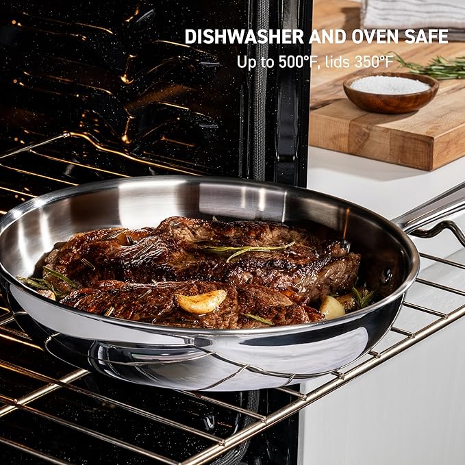 T-Fal Pro Tri-Ply Stainless Steel Sauce Pan with Lid, 2 Quart Saucepan with Lid, Induction Pot, Oven Safe 500F, Lid-350F, Fast & Even Heat, Professional Quality & Durability, Silver
