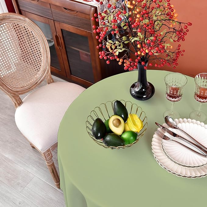 MEANMOY Sage Green 210 GSM Water & Stain Resistant Round Tablecloth for Circle Table - Solid 60 Inch Light Green Table Cloth Cover in Wrinkle Free Durable Washable Fabric for Wedding, Party, Banquet