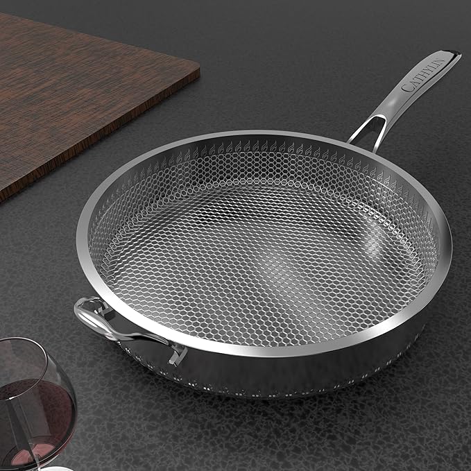 CATHYLIN 316L Stainless Steel 7QT Frying Pan Hex Nonstick Wok with Lid,Single Handle to Hold, PFOA Free, Dishwasher Oven Safe (7QT/Single Handle)