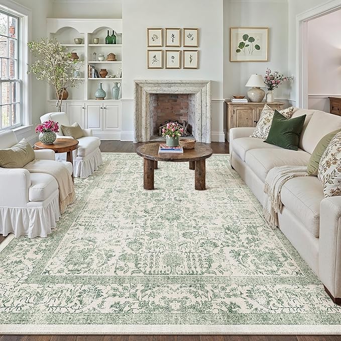 Sage Green Area Rug 9x12 Living Room Washable Carpet Vintage Distressed Non Slip Bedroom Carpet Neutral Low Pile Retro Floral Farmhouse Large Rug Home Office Dining Room Playroom