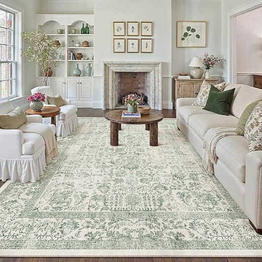 Sage Green Area Rug 9x12 Living Room Washable Carpet Vintage Distressed Non Slip Bedroom Carpet Neutral Low Pile Retro Floral Farmhouse Large Rug Home Office Dining Room Playroom