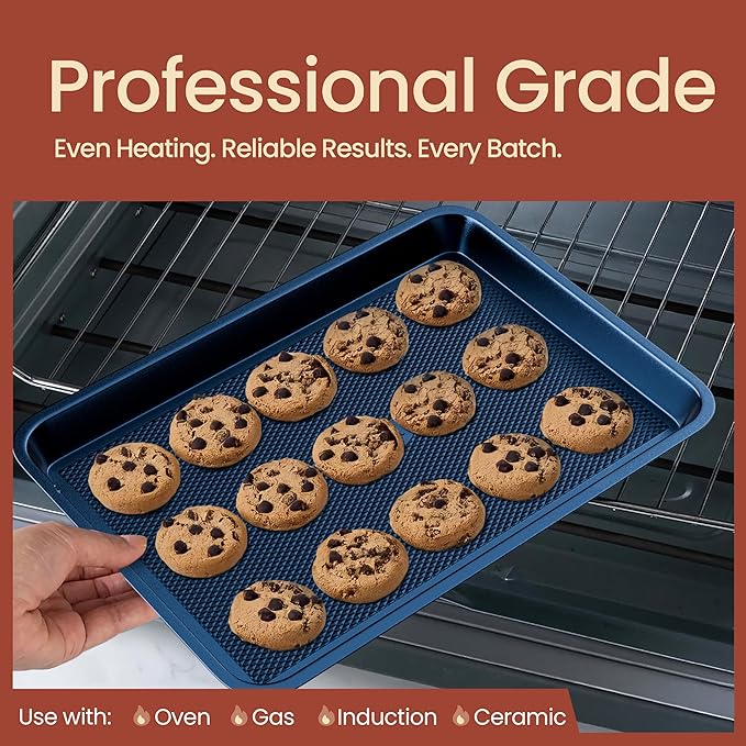 Diamond Bottom Cookie Sheet Set of 2, Nonstick Blue Carbon Steel Baking Pans for Crisp Baking, Space-Saving Stackable Trays, PFOA, PFOS, PTFE Free, Oven Safe Up to 450°F, Small & Medium Pans