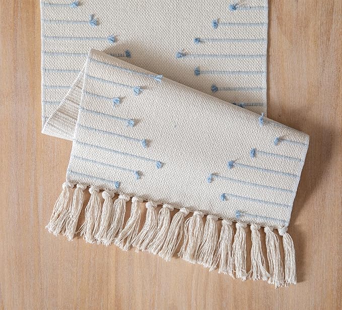 Boho Table Runner 13 x 108 Inch Long Natural Cotton Woven Runner with Tassels for Home Dining Table décor, for Modern Farmhouse Decor Coffee Table Runner, Light Blue and Beige